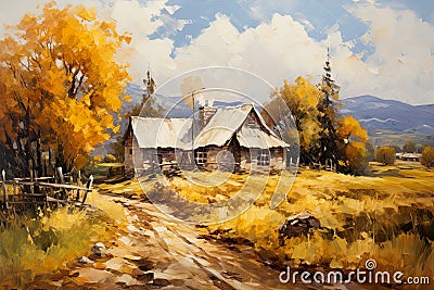 canvas painting, capturing the picturesque charm of a countryside village in a frosty landscape. Stock Photo