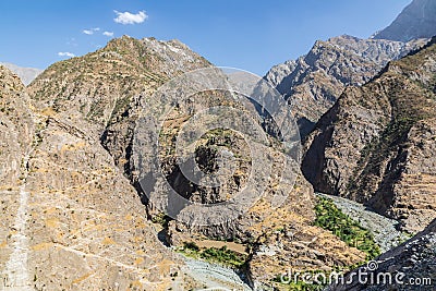 The canyon of the Panj River in rugged mountains on the border of Afghanistan and Tajikistan Stock Photo