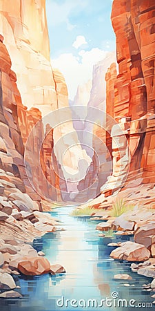 Grand Canyon River Scenery Illustration In Light Red And Cyan Cartoon Illustration