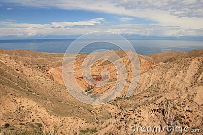 The canyon Skazka (Fairy Tale) and Issyk Kul lake, Kyrgyzstan Stock Photo