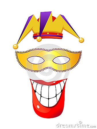 cap of buffoon, theater mask and smile with teeth Stock Photo