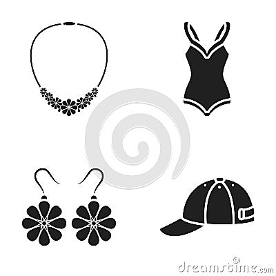 Cap, earrings, necklace, swimsuit. Clothing set collection icons in black style vector symbol stock illustration web. Vector Illustration