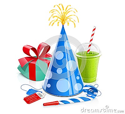 Cap, gift, smoothie, cinema ticket, whistle for celebration birthday Vector Illustration