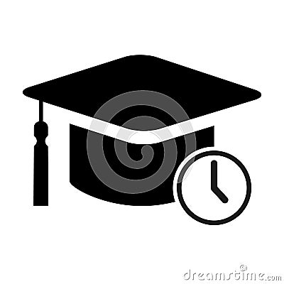 Cap, hat time symbol isolated on white background. Graduate education illustration vector icon, success web button Vector Illustration