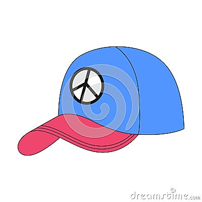 A cap with a peace symbol. Baseball cap, hat, headware. Youth clothing item. A flat icon with an outline. Color vector Vector Illustration
