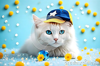Cap on the white cute cat, blue crystal background, labor day theme. Stock Photo