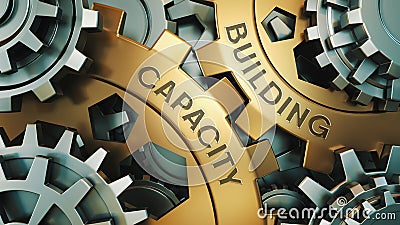 Capacity Building - Concept. The inscription on the golden cogwheels. In the background is a clock or engine mechanism. 3d Stock Photo