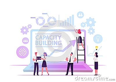 Capacity Building Concept. Team of Business People Working around of Huge Laptop with Growing Arrow on Screen Vector Illustration