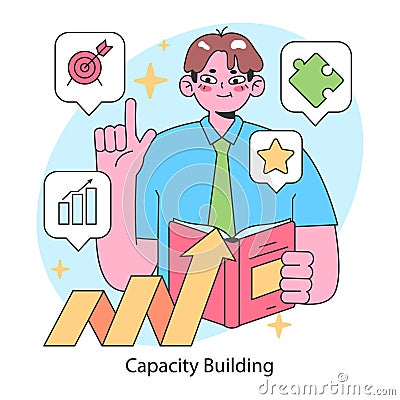 Capacity building. Enthusiastic man showcases personal growth, achievements Vector Illustration