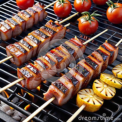 Cape barbecue kebab on wooden skewers on the grill food Stock Photo