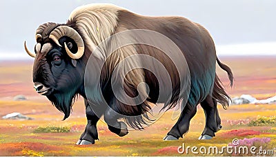 Cape Buffalo large bovine animal domesticated horns curl Cartoon Illustration