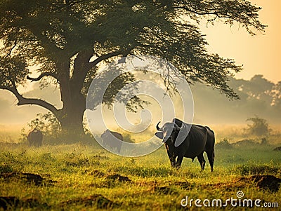 Cape Buffalo on the Savanna Cartoon Illustration