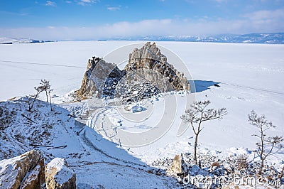 Cape Burkhan Shaman Rock on Olkhon Island at Baikal Lake Stock Photo