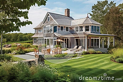 cape cod house exterior, with view of expansive lawn and gardens Stock Photo