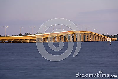 Cape Coral Midpoint Bridge at moonrise long exposure. Stock Photo