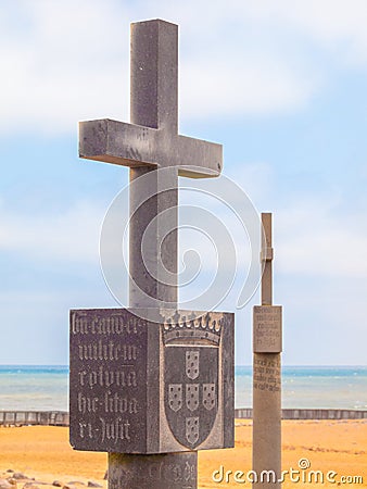 CAPE CROSS, NAMIBIA - OCTOBER 12, 2013: Detailed view of Stone Cross memorial - replica of orginal padrao placed by Editorial Stock Photo