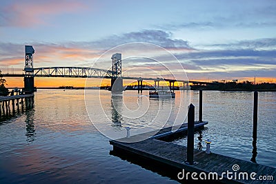 Cape Fear river bridge at sunset, Wilmington Stock Photo