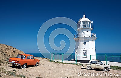 Cape Meganom lighthouse Stock Photo