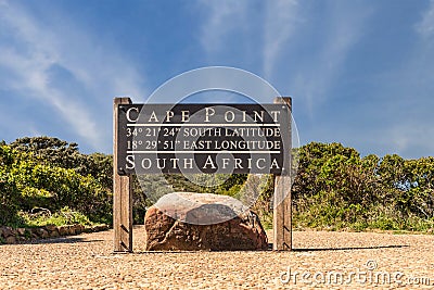 Cape Point sign with coordinates next to the lighthouse path Stock Photo