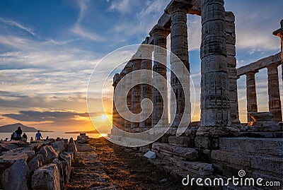 Poseidon temple ruins on Cape Sounio on sunset, Greece Editorial Stock Photo