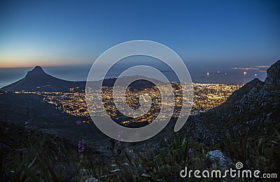 Cape Town, Robben Island and Lion's Head at night Stock Photo