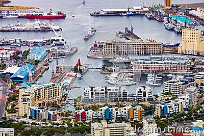 Elevated view of the V&A Waterfront in Cape Town harbor Editorial Stock Photo