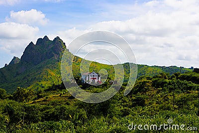 Cape Verde Volcanic and Fertile Landscape, Catholic Church, Santiago Island Stock Photo