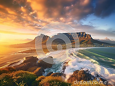 Capetown Table Mountain South Africa Cartoon Illustration