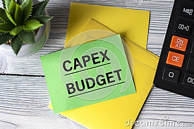 CAPEX BUDGET - words on green paper on the background of a calculator, and a cactus Stock Photo