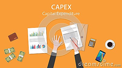 Capex capital expenditure illustration with business man working on paper document Vector Illustration