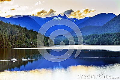 Capilano Reservoir Lake Snowy Two Lions Mountains Vancouver Brit Stock Photo