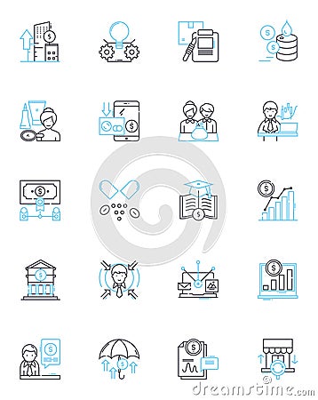 Capital allocation linear icons set. Efficiency, Budgeting, Analysis, Optimization, Strategy, Forecasting Vector Illustration