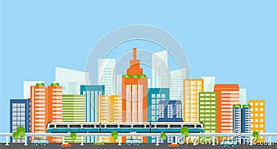 Capital.downtown.electric train. transportation. color full building Vector Illustration