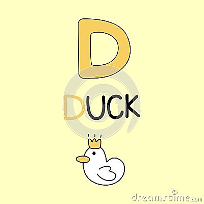 A capital of duck or poultry in joyful light yellow funny kids graphic illustration. pet animal cartoon doodle flat design Vector Illustration