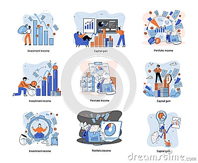 Capital gain, portfolio income, investment income. Investments and bonds, cash flow, mutual fund Vector Illustration