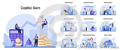 Capital Gain set. Enhancing financial growth through strategic investments Vector Illustration