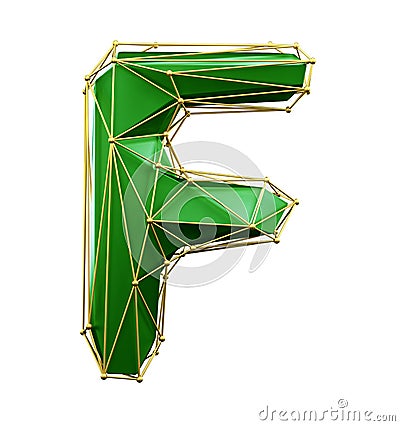 Capital latin letter F in low poly style green and gold color isolated on white background. 3d Stock Photo