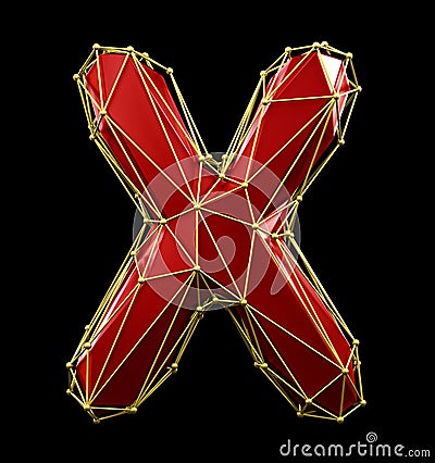 Capital latin letter X in low poly style red and gold color isolated on black background. 3d Stock Photo