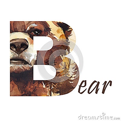 Capital letter B of watercolor bear with trees, isolated hand drawn on a white background. Forest animal. Wildlife Stock Photo