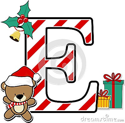 Capital letter e with cute teddy bear and christmas design elements Vector Illustration