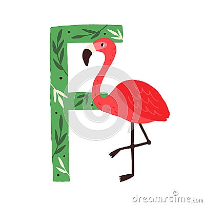 Capital letter F of childish English alphabet with funny flamingo. Scandi kids font with cute bird for children in Vector Illustration