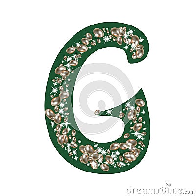 Capital letter G of the alphabet is decorated with jewelry and pearls. Precious blue and white pearls Stock Photo