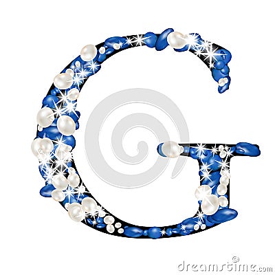 Capital letter G of the alphabet is decorated with jewelry and pearls. Precious blue and white pearls Stock Photo