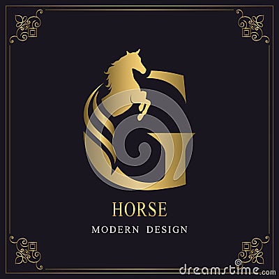 Capital Letter G with a Horse. Royal Logo. King Stallion in Jump. Racehorse Head Profile. Gold Monogram on Black Background with Vector Illustration