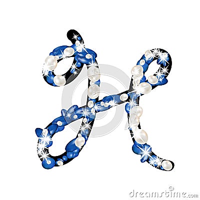 Capital letter H of the alphabet is decorated with jewelry and pearls. Precious blue and white pearls Stock Photo