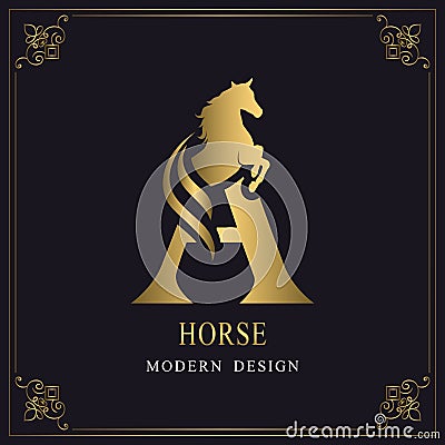 Capital Letter A with a Horse. Royal Logo. King Stallion in Jump. Racehorse Head Profile. Gold Monogram on Black Background with Vector Illustration