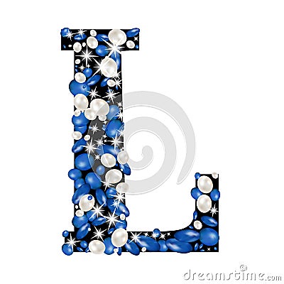 Capital letter L of the alphabet is decorated with jewelry and pearls. Precious blue and white pearls Stock Photo