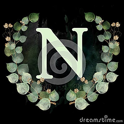Capital letter N decorated with golden and green leaves. Letter of the English alphabet with floral decoration. Dark watercolor Stock Photo