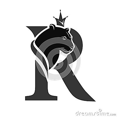 Capital Letter R with Black Panther. Royal Logo. Cougar Head Profile. Stylish Template. Tattoo. Creative Art Design. Emblem for B Vector Illustration