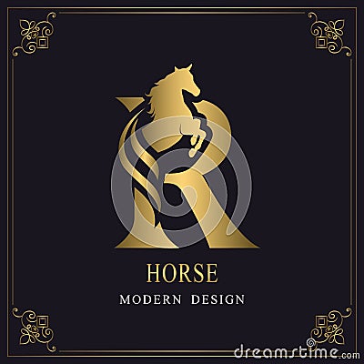 Capital Letter R with a Horse. Royal Logo. King Stallion in Jump. Racehorse Head Profile. Gold Monogram on Black Background with Vector Illustration